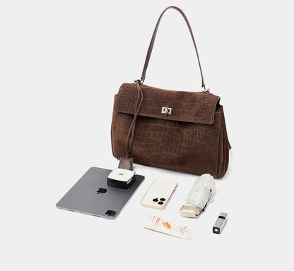 Textured Suede Shoulder Flap Bag