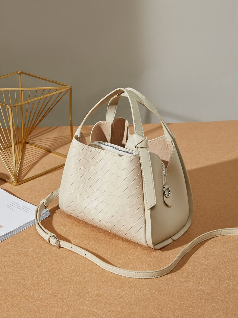 Woven Leather Bucket Tote Bag
