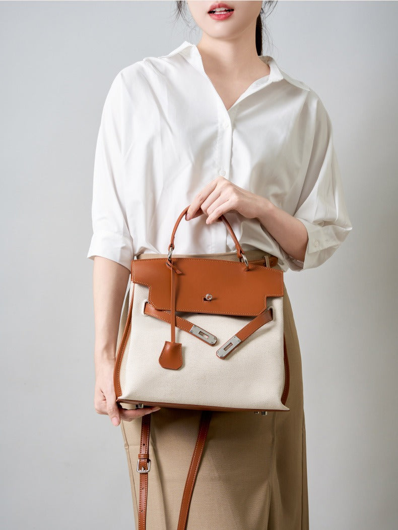 Canvas Leather Turn-Lock Top-Handle Bag