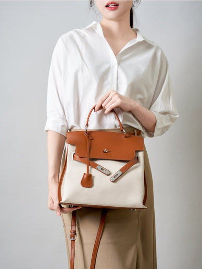 Canvas Leather Turn-Lock Top-Handle Bag