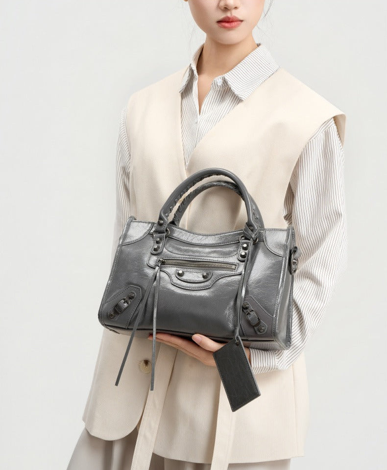Crinkled Leather Rivet City Tote
