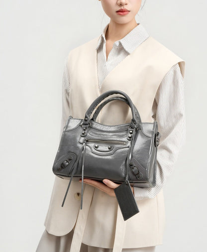 Crinkled Leather Rivet City Tote