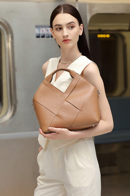 Woven Leather Geometric Tote Bag