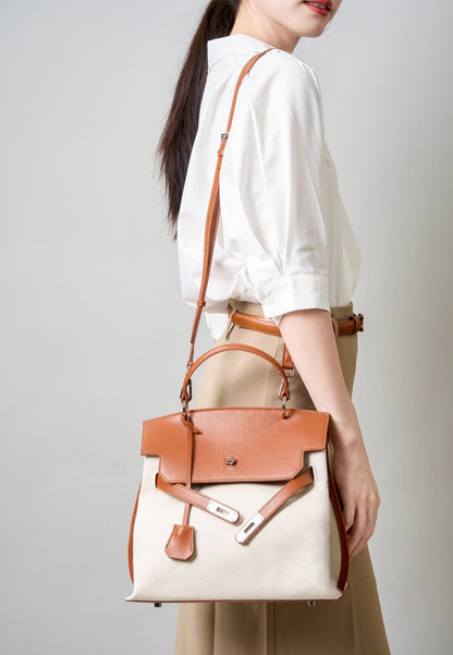 Canvas Leather Turn-Lock Top-Handle Bag