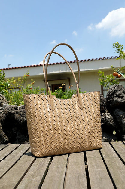 Woven Cowhide Shoulder Tote Bag