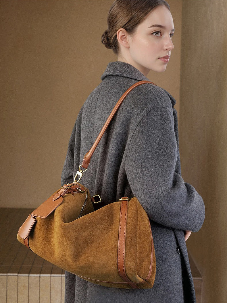 Suede Leather Shoulder Boston Bag