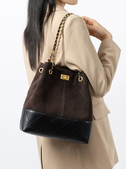 Quilted Suede Chain Bucket Bag