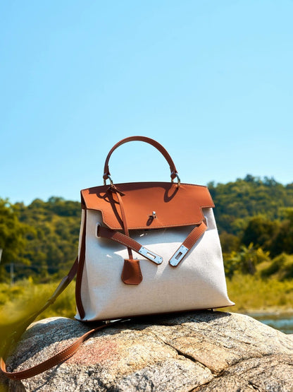 Canvas Leather Turn-Lock Top-Handle Bag