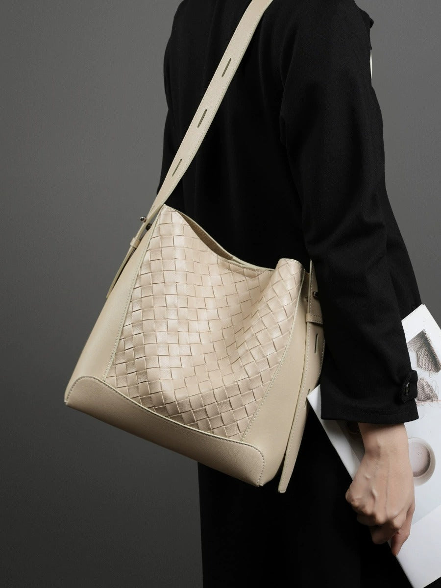 Woven Leather Bucket Shoulder Bag