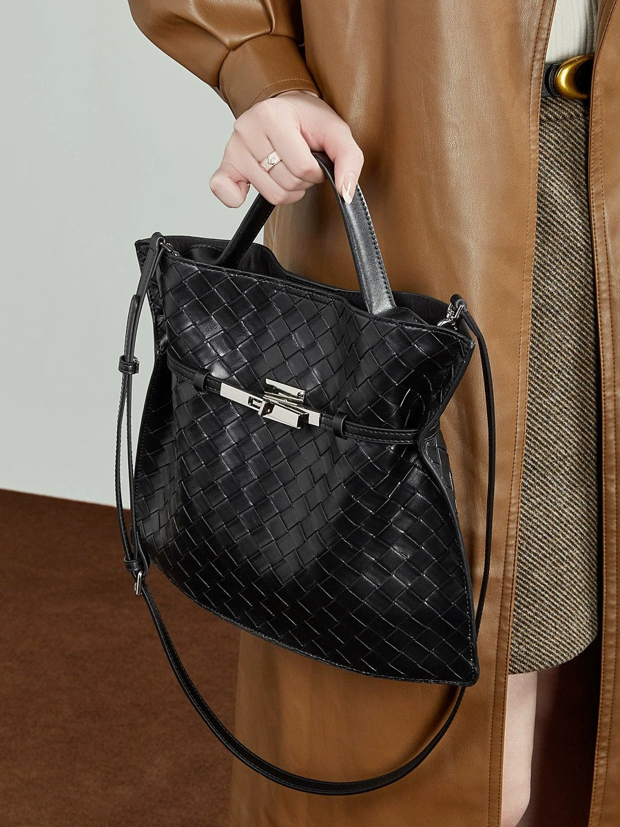 Woven Leather Convertible Tote Bag