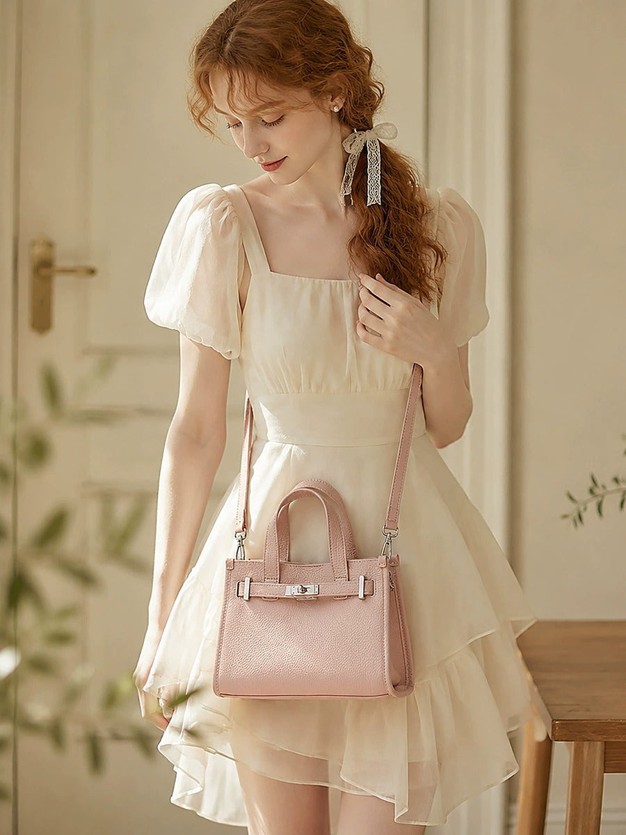 Pebbled Leather Turn-Lock Tote Handbag