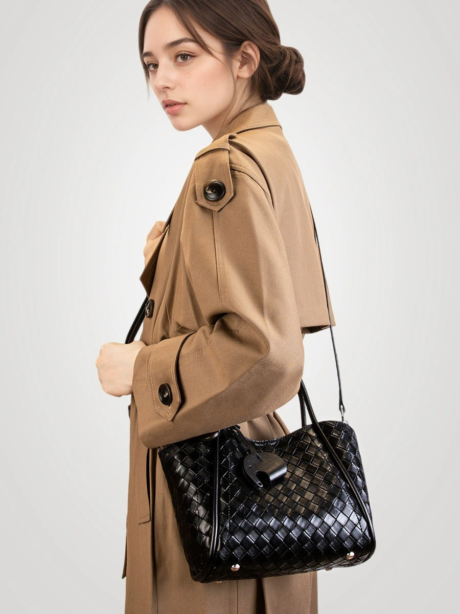 Woven Leather Charm Tote Bag