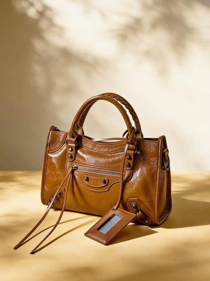 Crinkled Leather Rivet City Tote