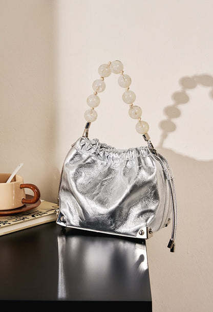 Chic Metallic Leather Drawstring Bag