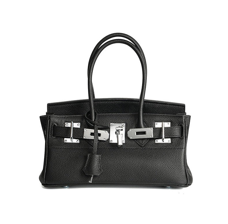 Pebbled Leather Horizontal Lock Handbag