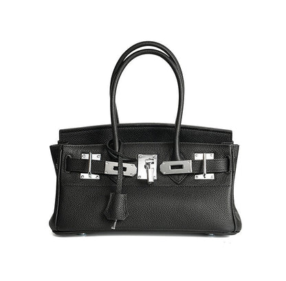 Pebbled Leather Horizontal Lock Handbag