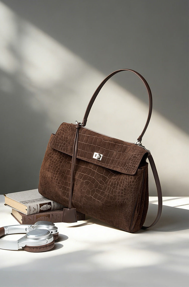 Textured Suede Shoulder Flap Bag