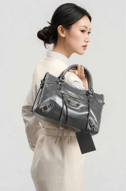 Crinkled Leather Rivet City Tote
