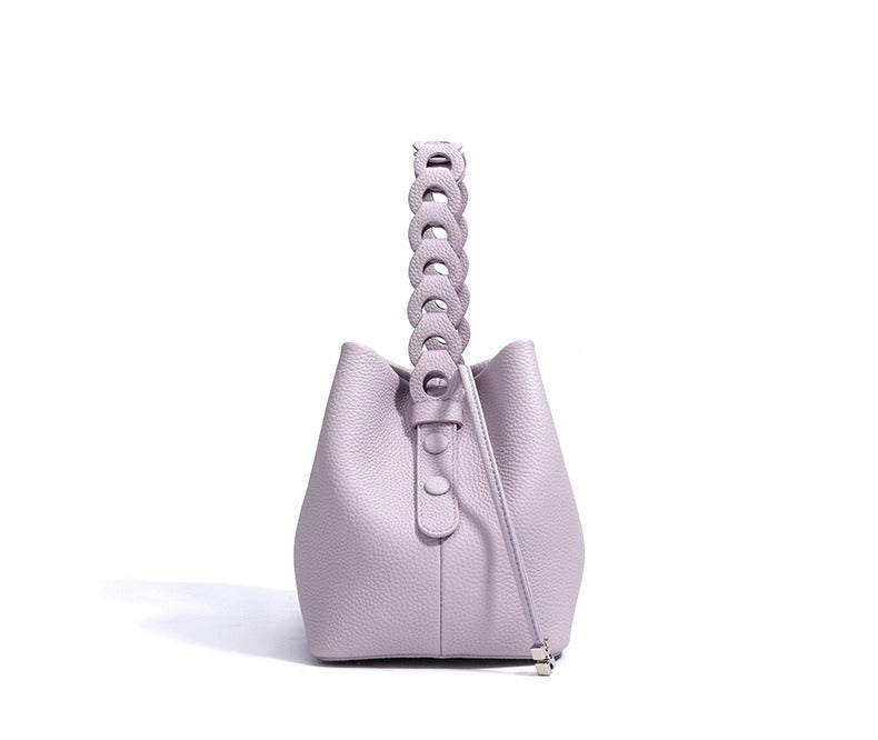 Woven Handle Cowhide Bucket Bag