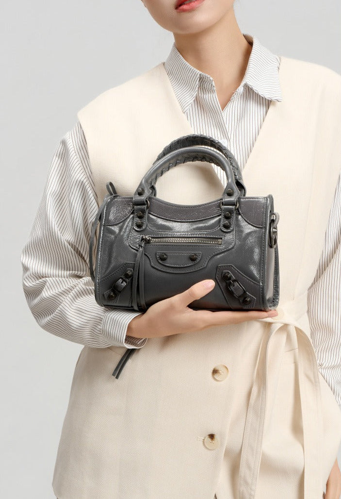 Crinkled Leather Rivet City Tote