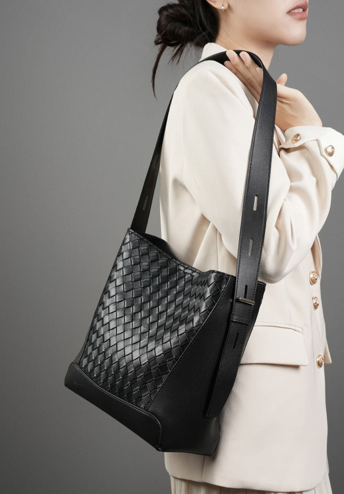 Woven Leather Bucket Shoulder Bag
