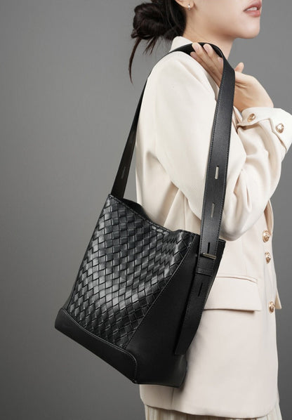 Woven Leather Bucket Shoulder Bag