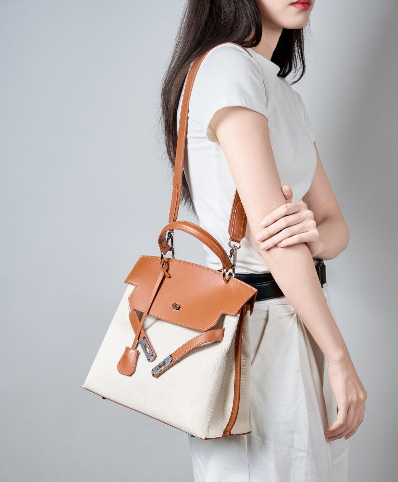 Canvas Leather Turn-Lock Top-Handle Bag