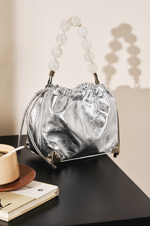 Chic Metallic Leather Drawstring Bag