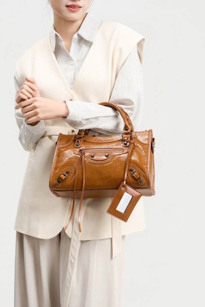 Crinkled Leather Rivet City Tote