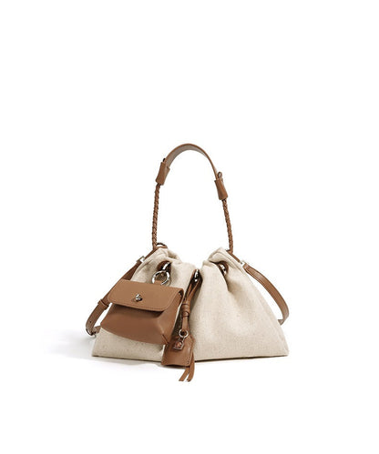 Linen Drawstring Shoulder Bucket Bag