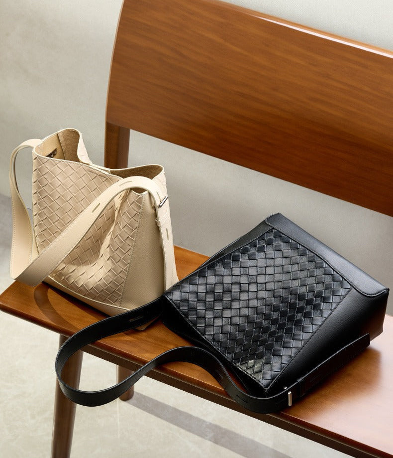 Woven Leather Bucket Shoulder Bag