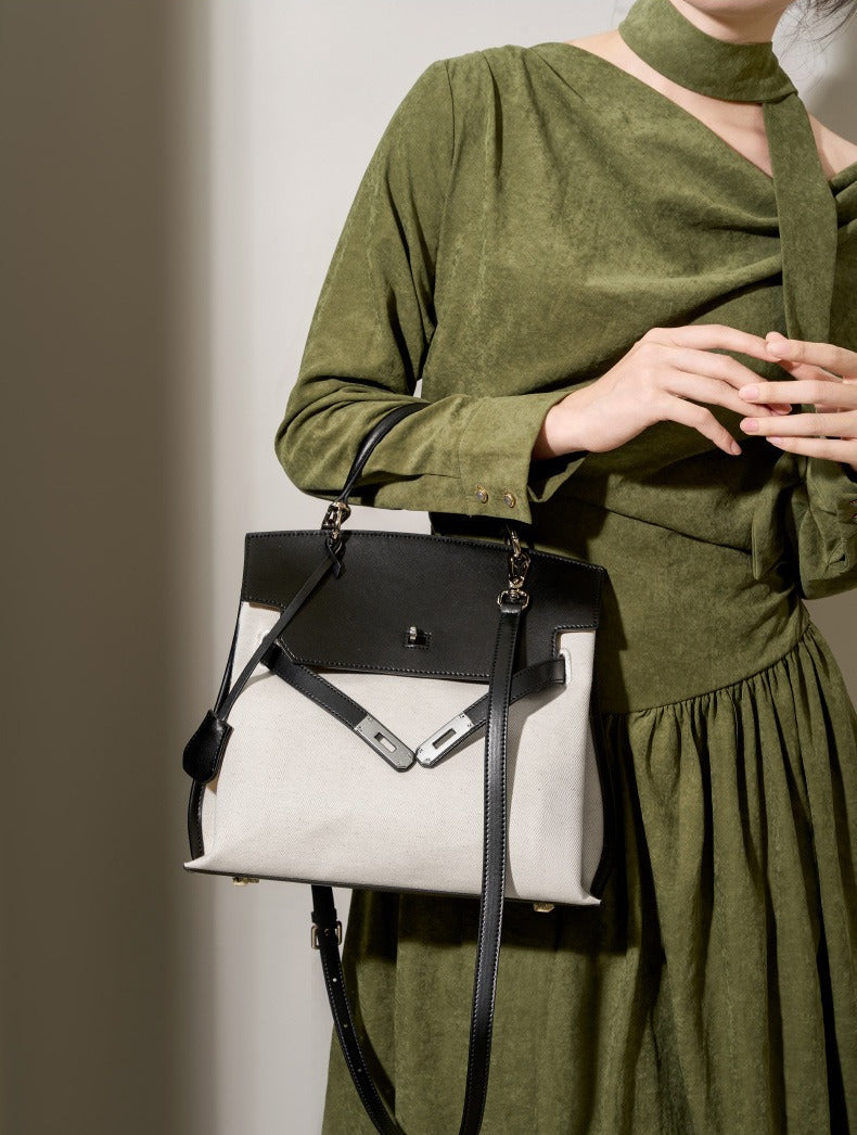 Canvas Leather Turn-Lock Top-Handle Bag
