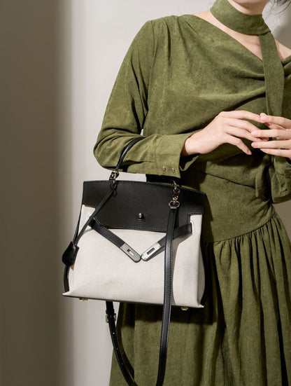 Canvas Leather Turn-Lock Top-Handle Bag