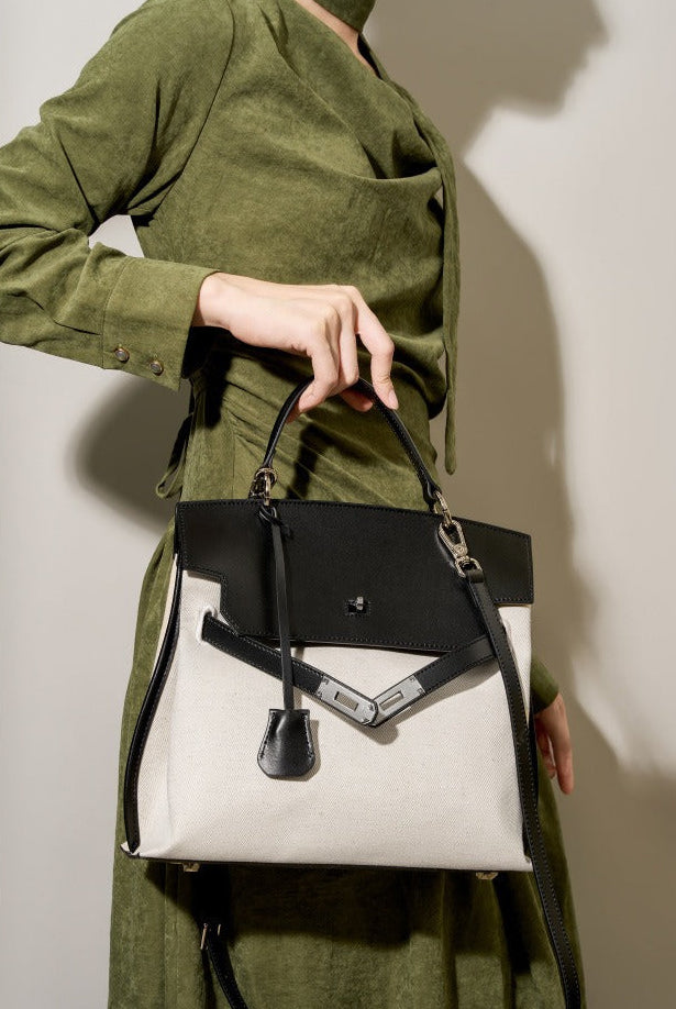 Canvas Leather Turn-Lock Top-Handle Bag