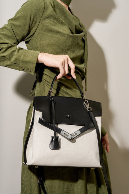 Canvas Leather Turn-Lock Top-Handle Bag