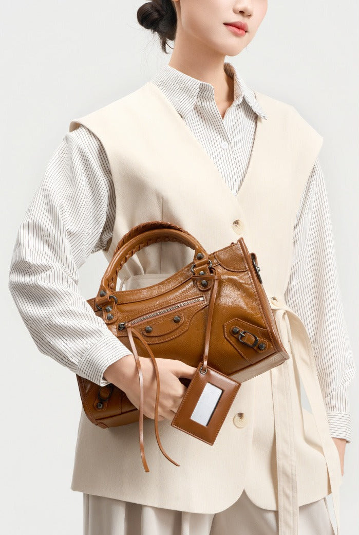 Crinkled Leather Rivet City Tote