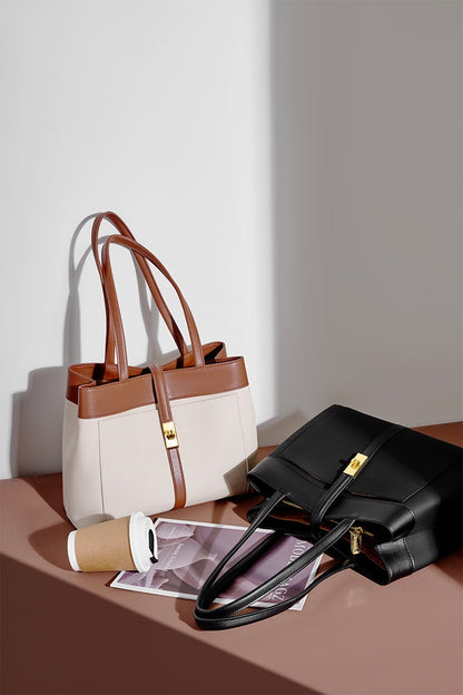 Colorblock Woven Leather Tote Bag