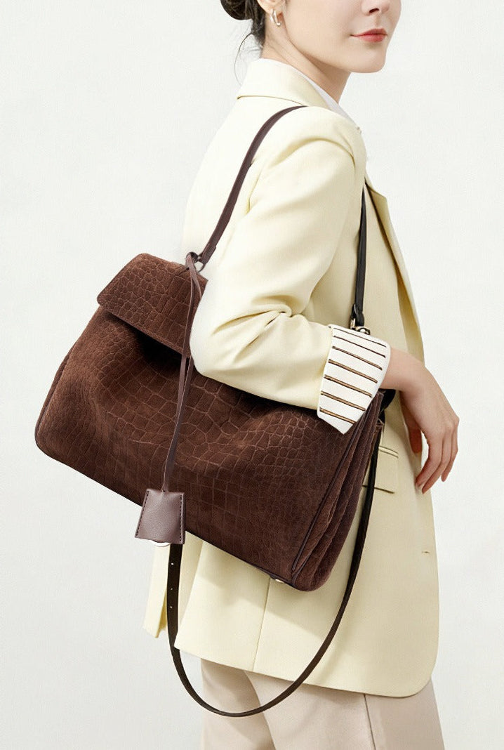 Textured Suede Shoulder Flap Bag