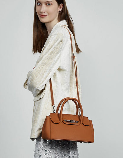 Textured Leather Twist Lock Handbag