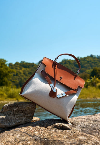 Canvas Leather Turn-Lock Top-Handle Bag