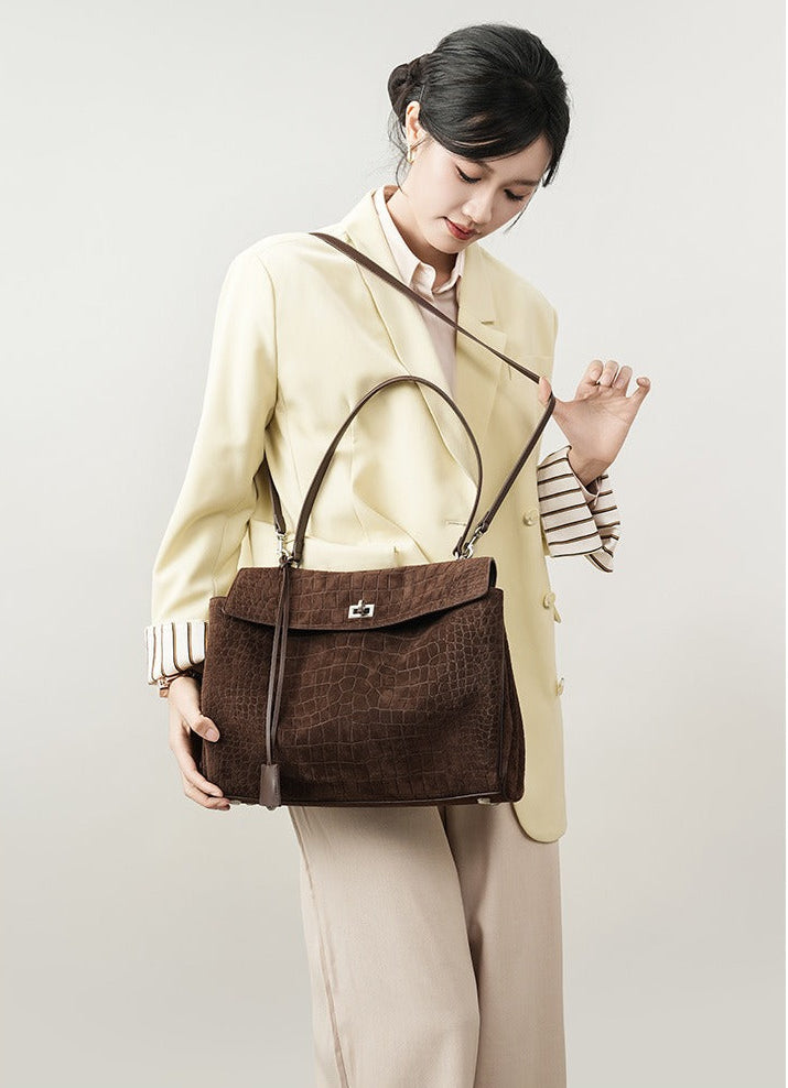 Textured Suede Shoulder Flap Bag