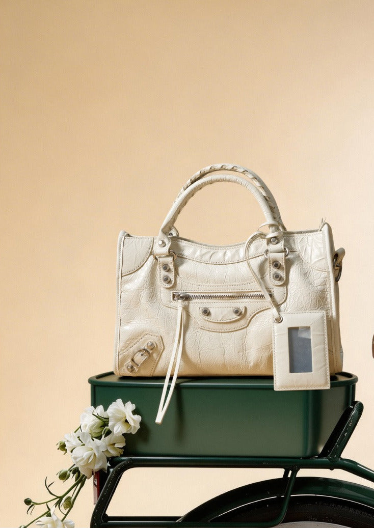 Crinkled Leather Rivet City Tote