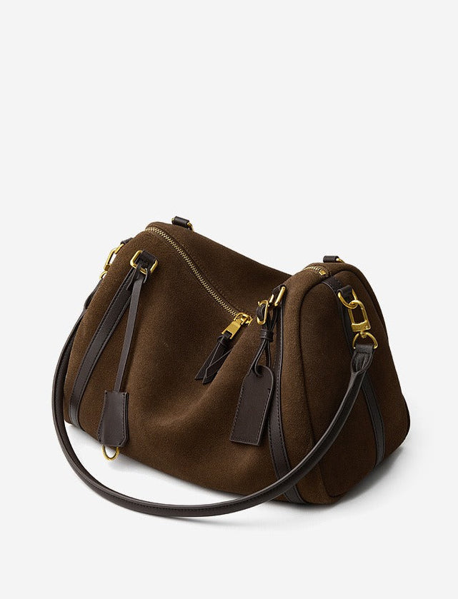 Suede Leather Shoulder Boston Bag