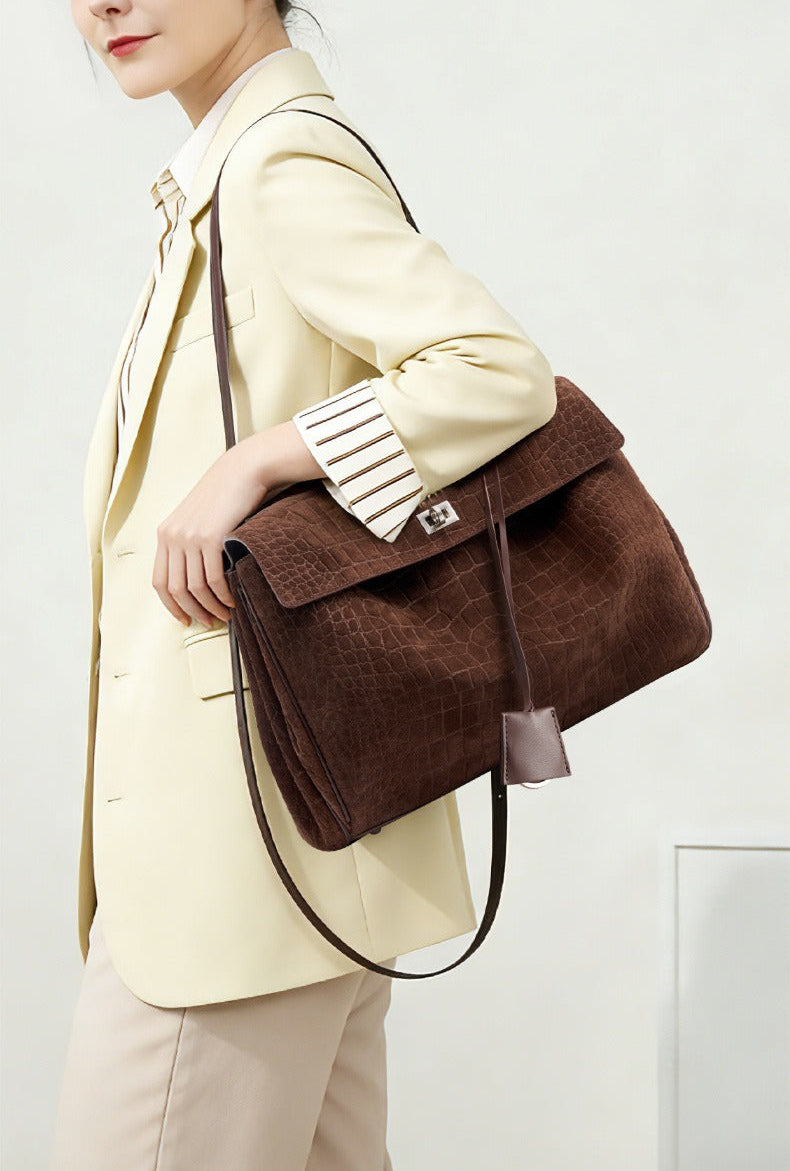 Textured Suede Shoulder Flap Bag