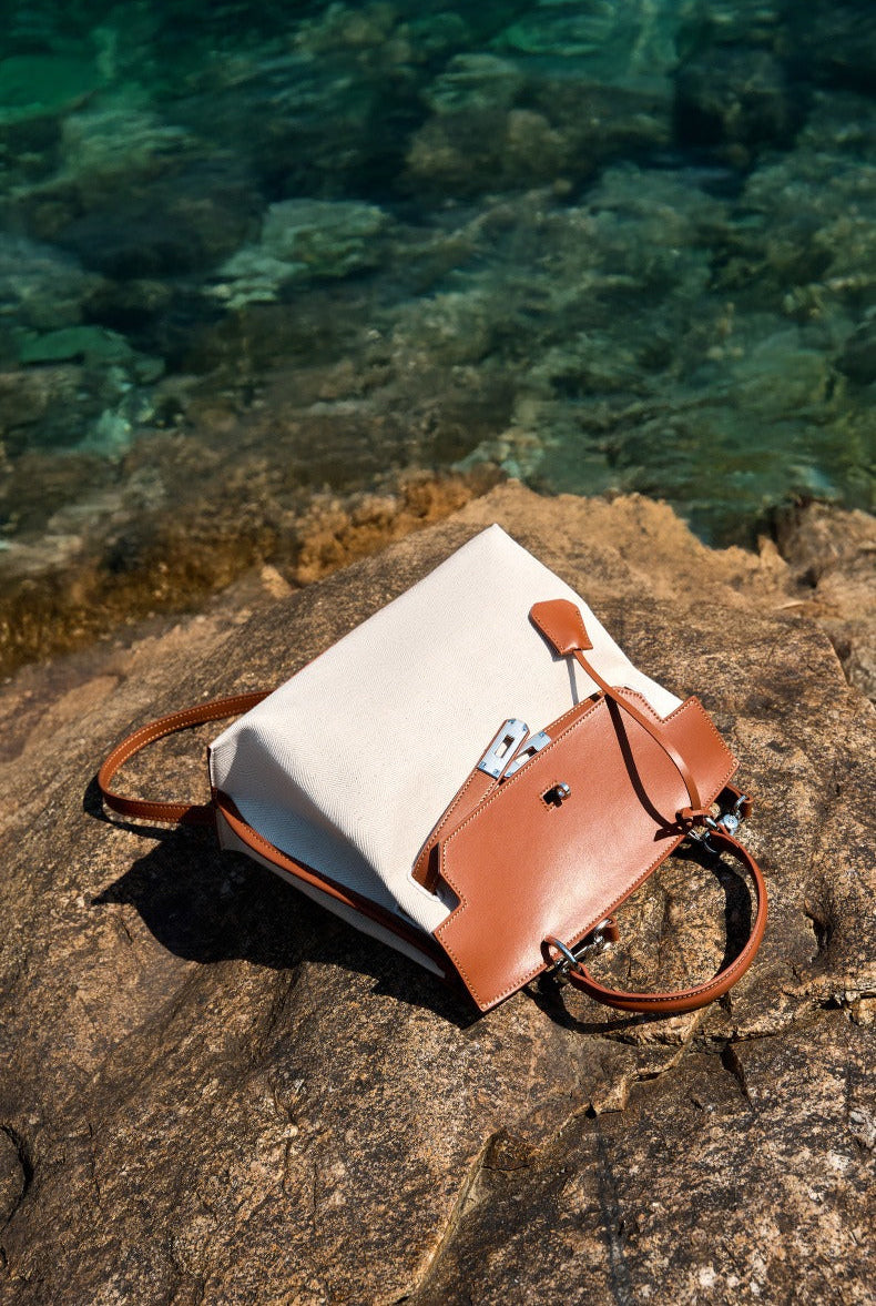 Canvas Leather Turn-Lock Top-Handle Bag