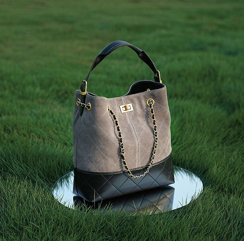 Quilted Suede Chain Bucket Bag