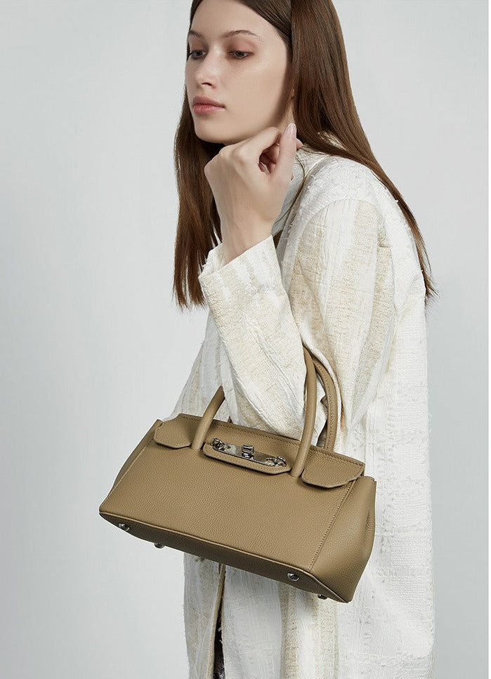 Textured Leather Twist Lock Handbag