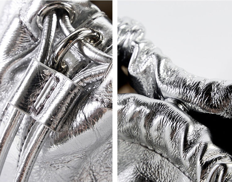 Chic Metallic Leather Drawstring Bag