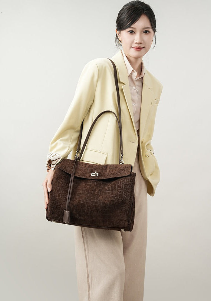Textured Suede Shoulder Flap Bag