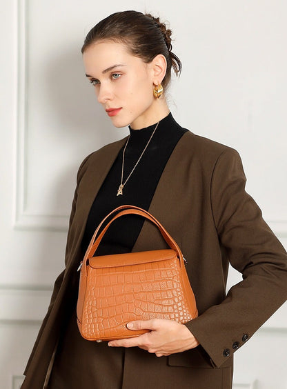 Crocodile Pattern Leather Flap Handbag